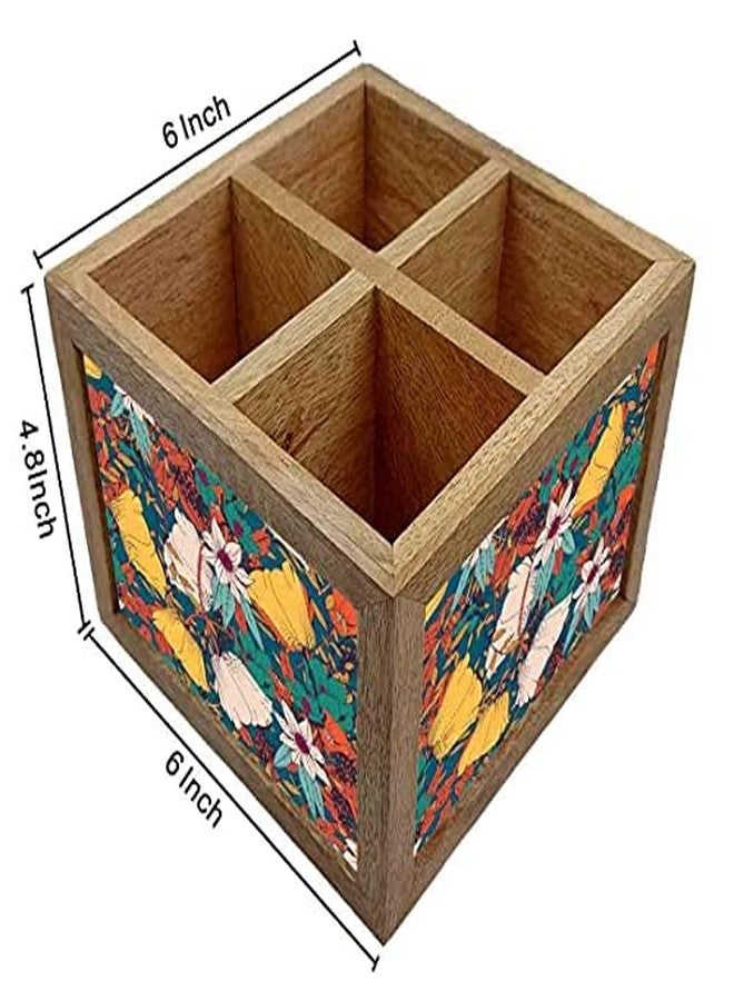 Nutcase Wooden Cutlery Stand Holder Silverware Caddy Spoons Forks Knives Organizer for Dining Table & Kitchen -Made in India-Spoons NOT Included - Rust Flowers - Image 3